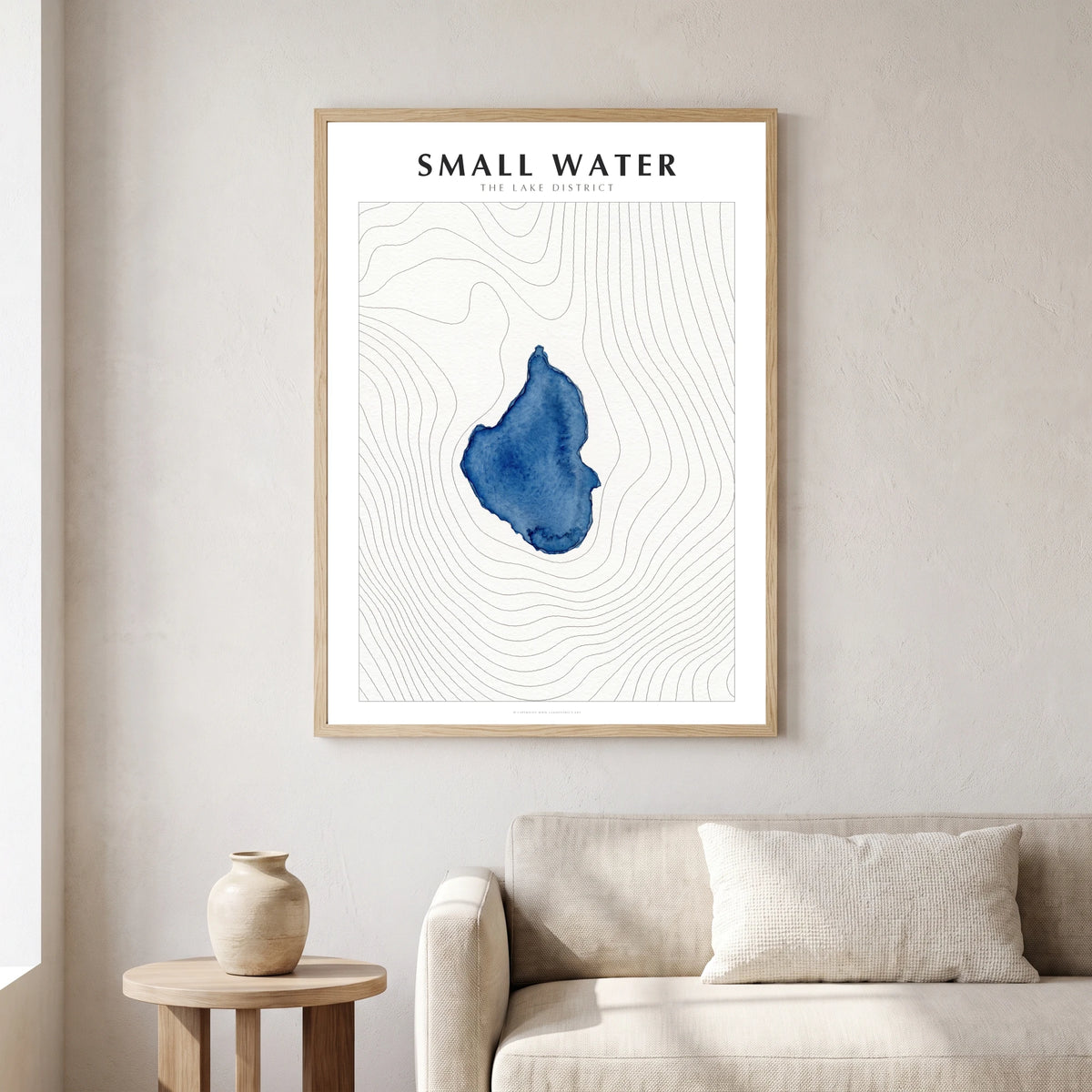 Small Water lake map poster in a natural frame, hanging in a living