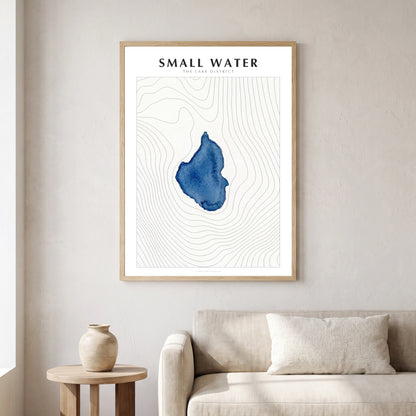 Small Water lake map poster in a natural frame, hanging in a living