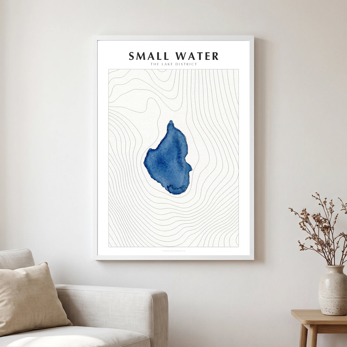 Small Water lake map poster in a white frame, hanging in a living