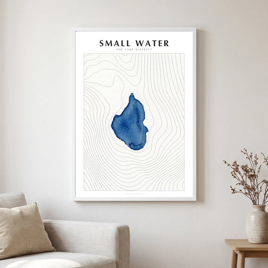 Small Water lake map poster in a white frame, hanging in a living
