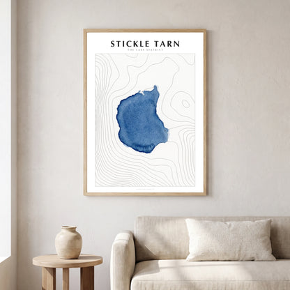 Stickle Tarn lake map poster in a natural frame, hanging in a living