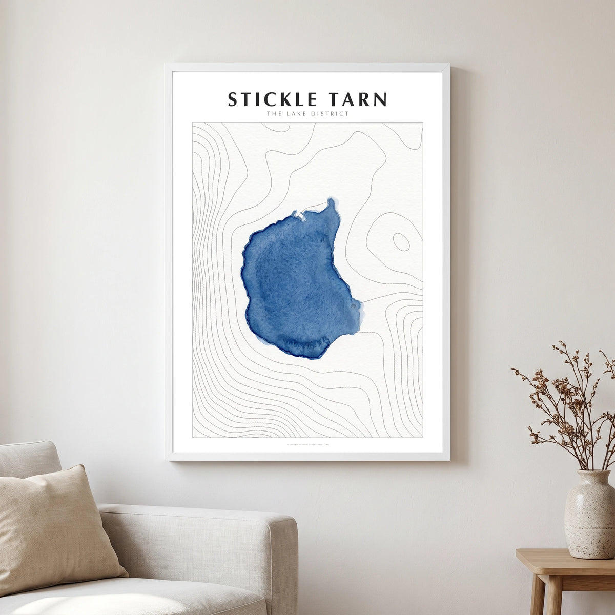 Stickle Tarn lake map poster in a white frame, hanging in a living