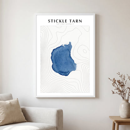 Stickle Tarn lake map poster in a white frame, hanging in a living