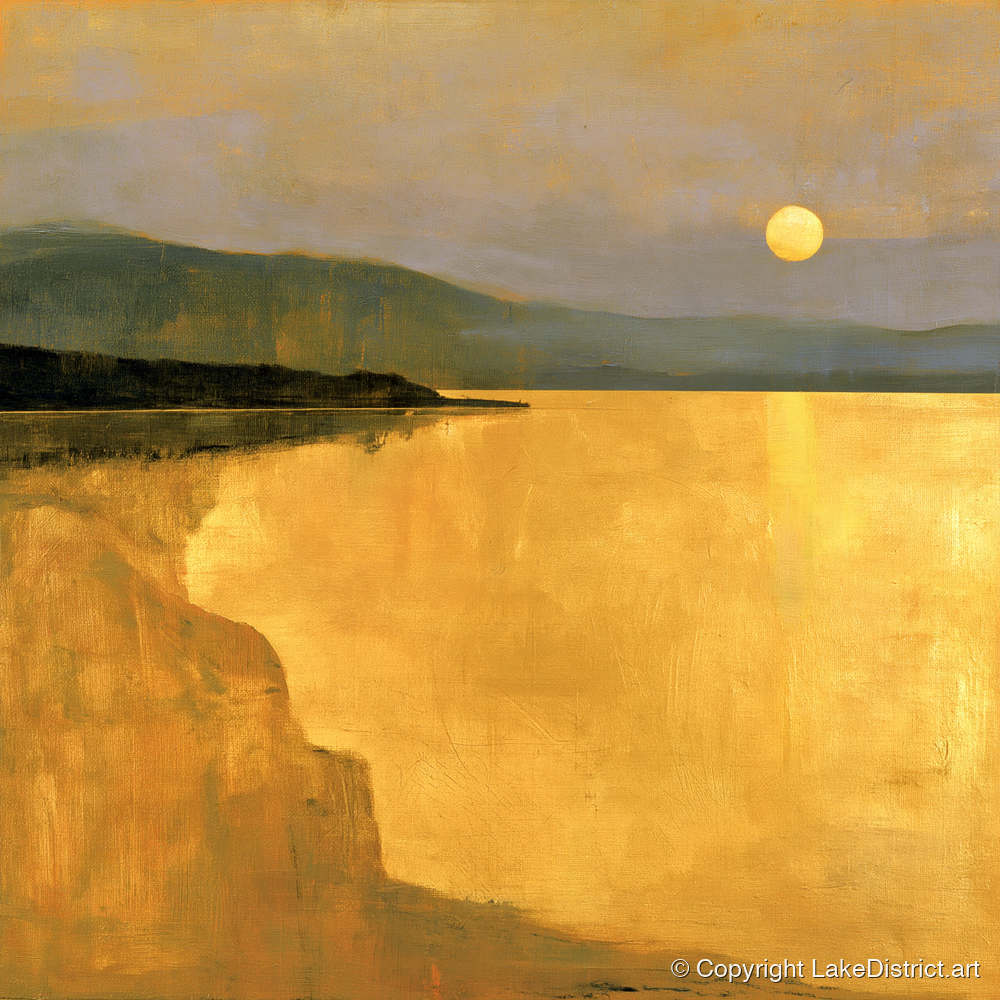 Lake Sunset in Luminous Ochre - lake district lake art print and canvas by Vincent Delaney A.I