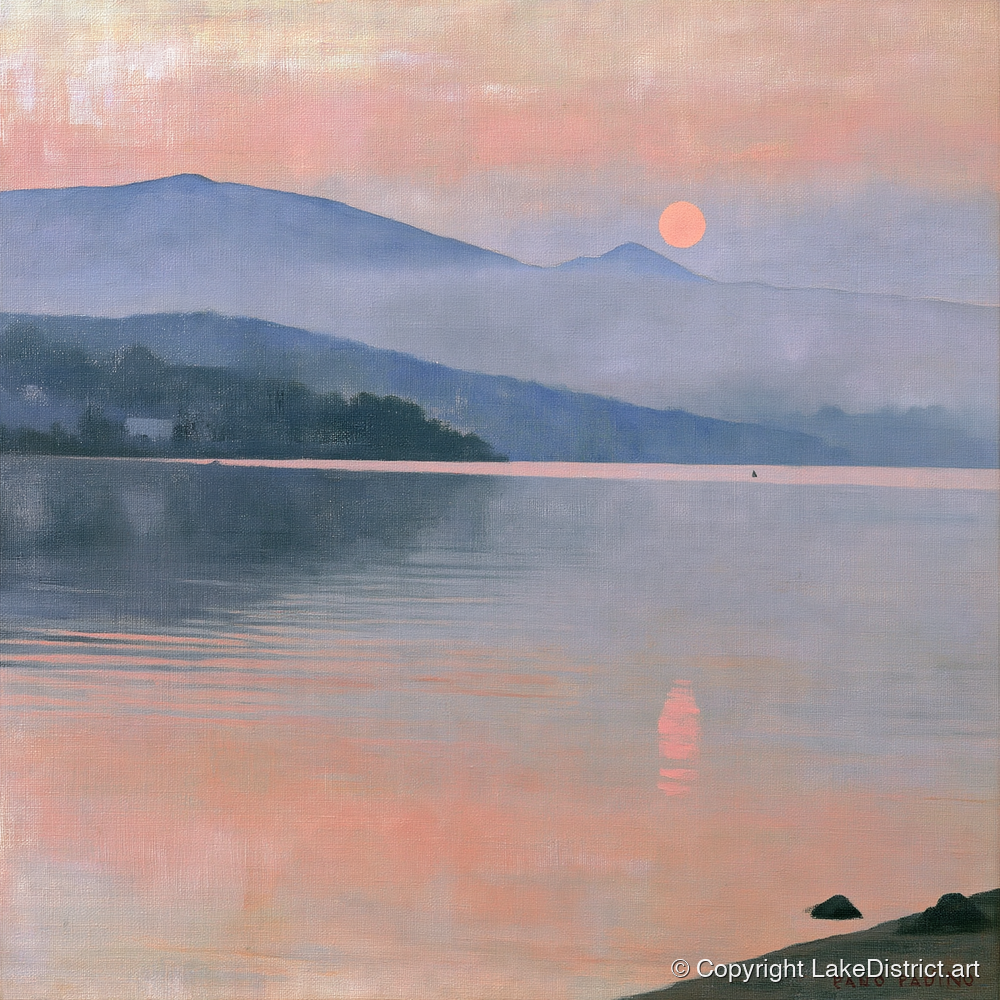 Lake Sunset in Pastel Haze - lake district lake art print and canvas by Alistair Thorne A.I