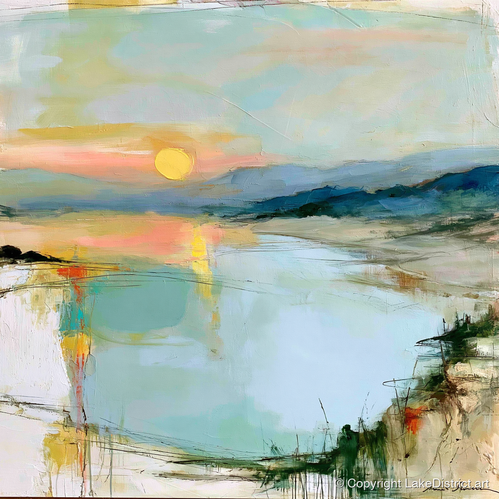 Lake Sunset in Peach and Mint - lake district lake art print and canvas by Antonia Blythe A.I