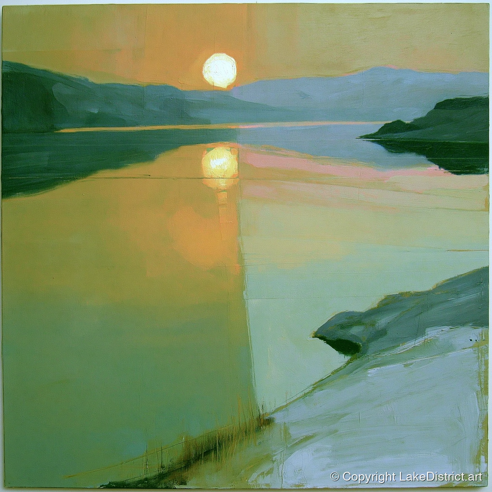 Lake Sunset in Sage Green - lake district lake art print and canvas by Emerson Grey A.I