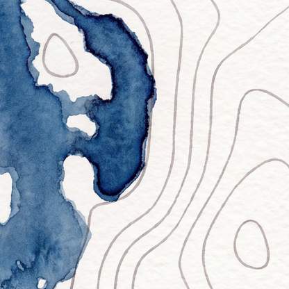 Tarn Hows map poster close-up: the watercolour lake and the pen-drawn contour lines