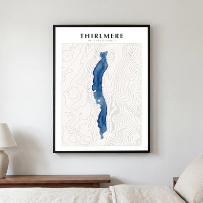 Thirlmere lake map poster in a black frame, hanging in a bedroom