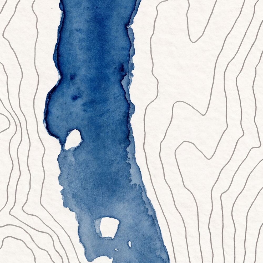 Thirlmere map poster close-up: the watercolour lake and the pen-drawn contour lines