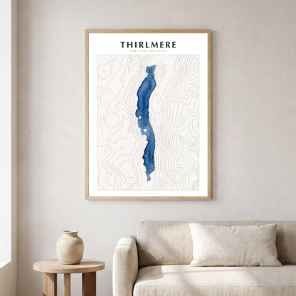 Thirlmere lake map poster in a natural frame, hanging in a living