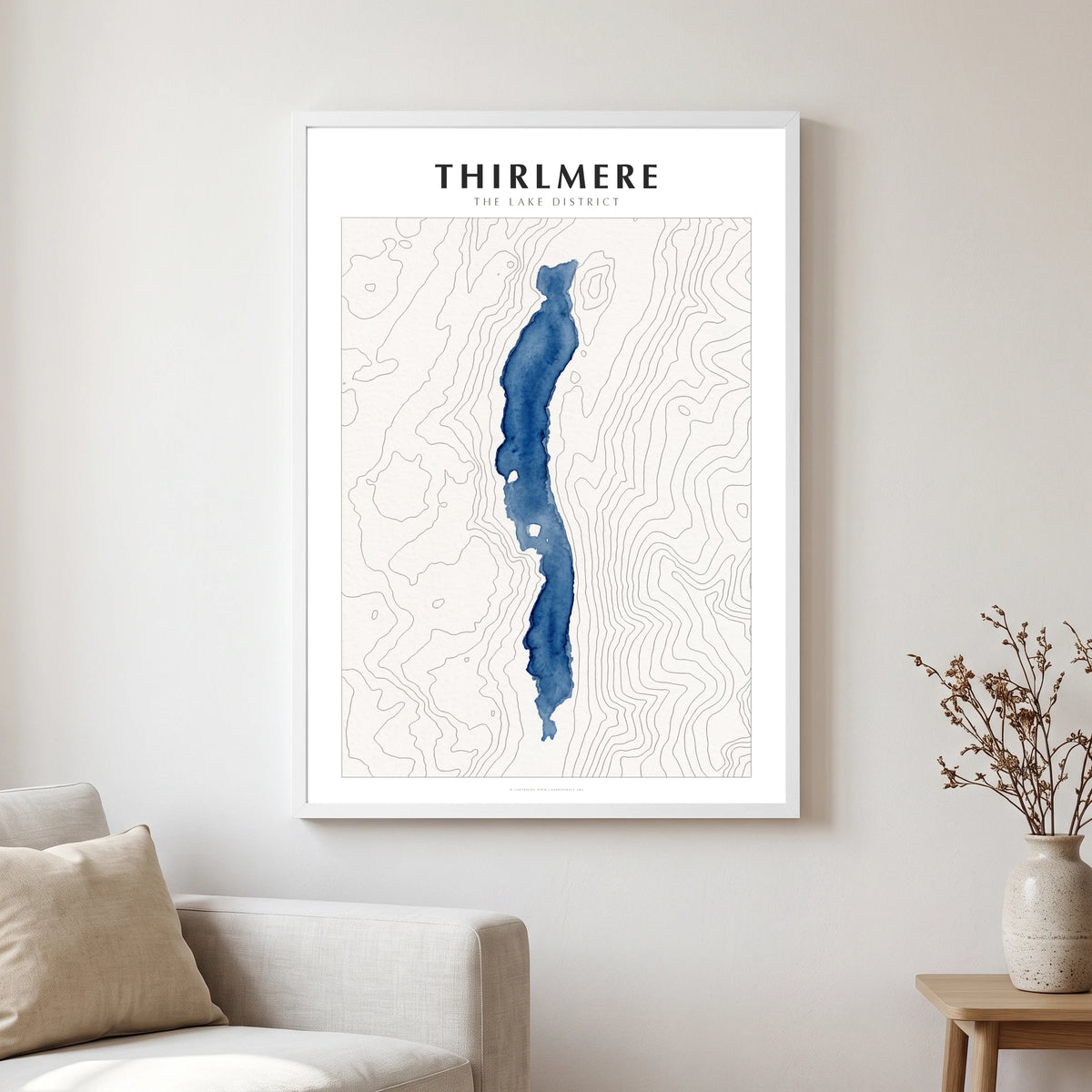 Thirlmere lake map poster in a white frame, hanging in a living