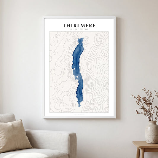Thirlmere lake map poster in a white frame, hanging in a living
