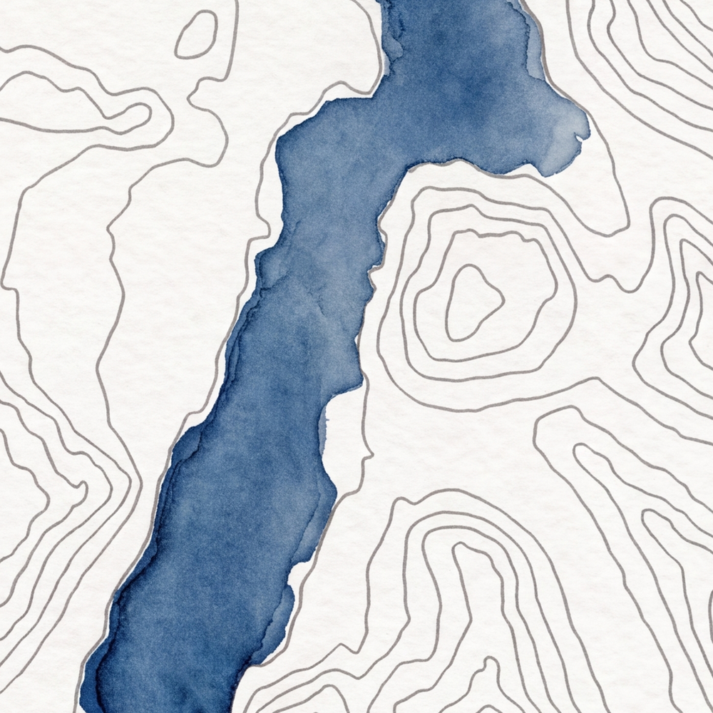 Ullswater map poster close-up: the watercolour lake and the pen-drawn contour lines