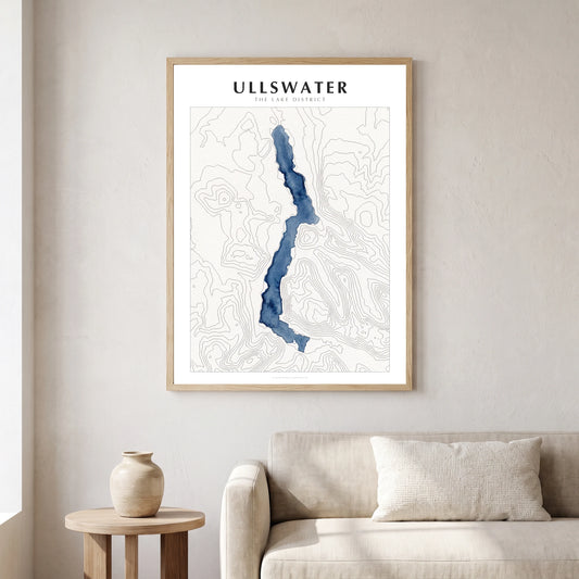 Ullswater lake map poster in a natural frame, hanging in a living