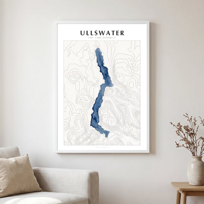 Ullswater lake map poster in a white frame, hanging in a living