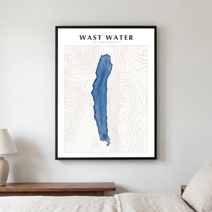 Wast Water lake map poster in a black frame, hanging in a bedroom