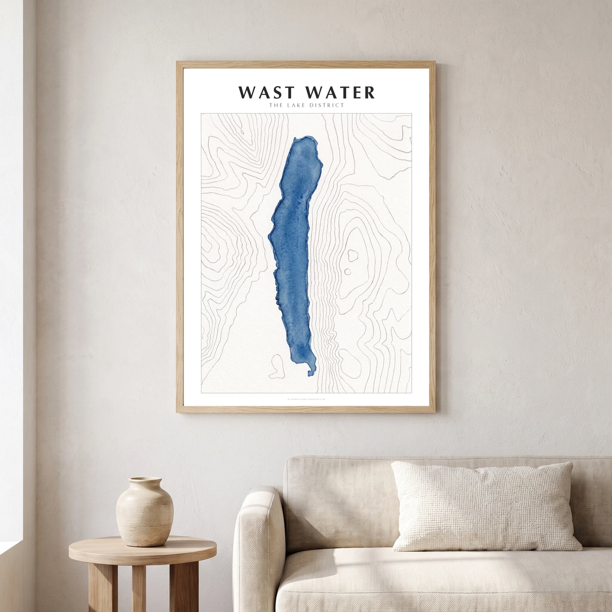 Wast Water lake map poster in a natural frame, hanging in a living