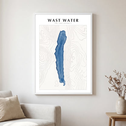 Wast Water lake map poster in a white frame, hanging in a living