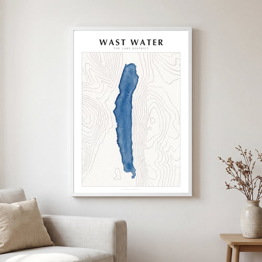 Wast Water lake map poster in a white frame, hanging in a living