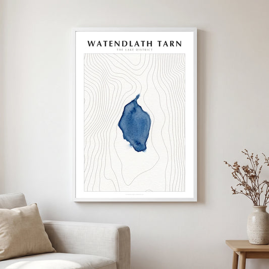 Watendlath Tarn lake map poster in a white frame, hanging in a living
