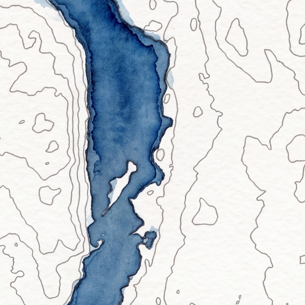 Windermere map poster close-up: the watercolour lake and the pen-drawn contour lines
