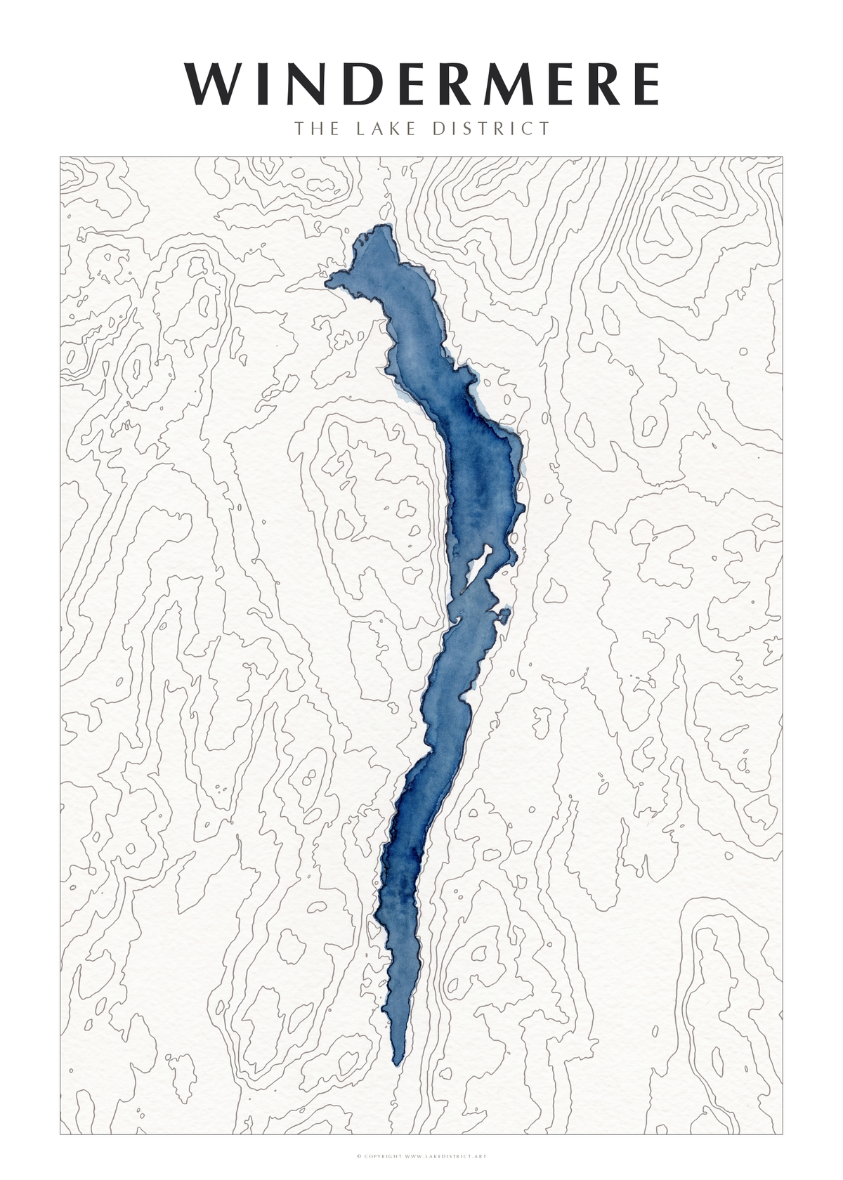 Windermere watercolour contour map poster, Lake District