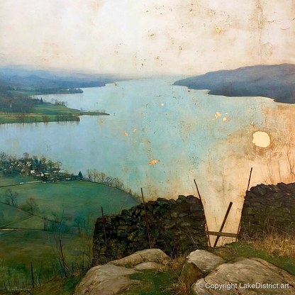 Lake Windermere in Golden Haze - lake district lake art print and canvas by Silas Thorne A.I