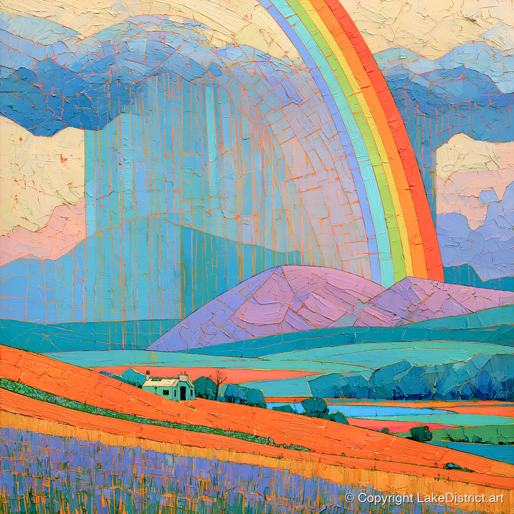 Lakeland Cottage Beneath Vivid Rainbow - lake district sky art print and canvas by Victor Penrose A.I