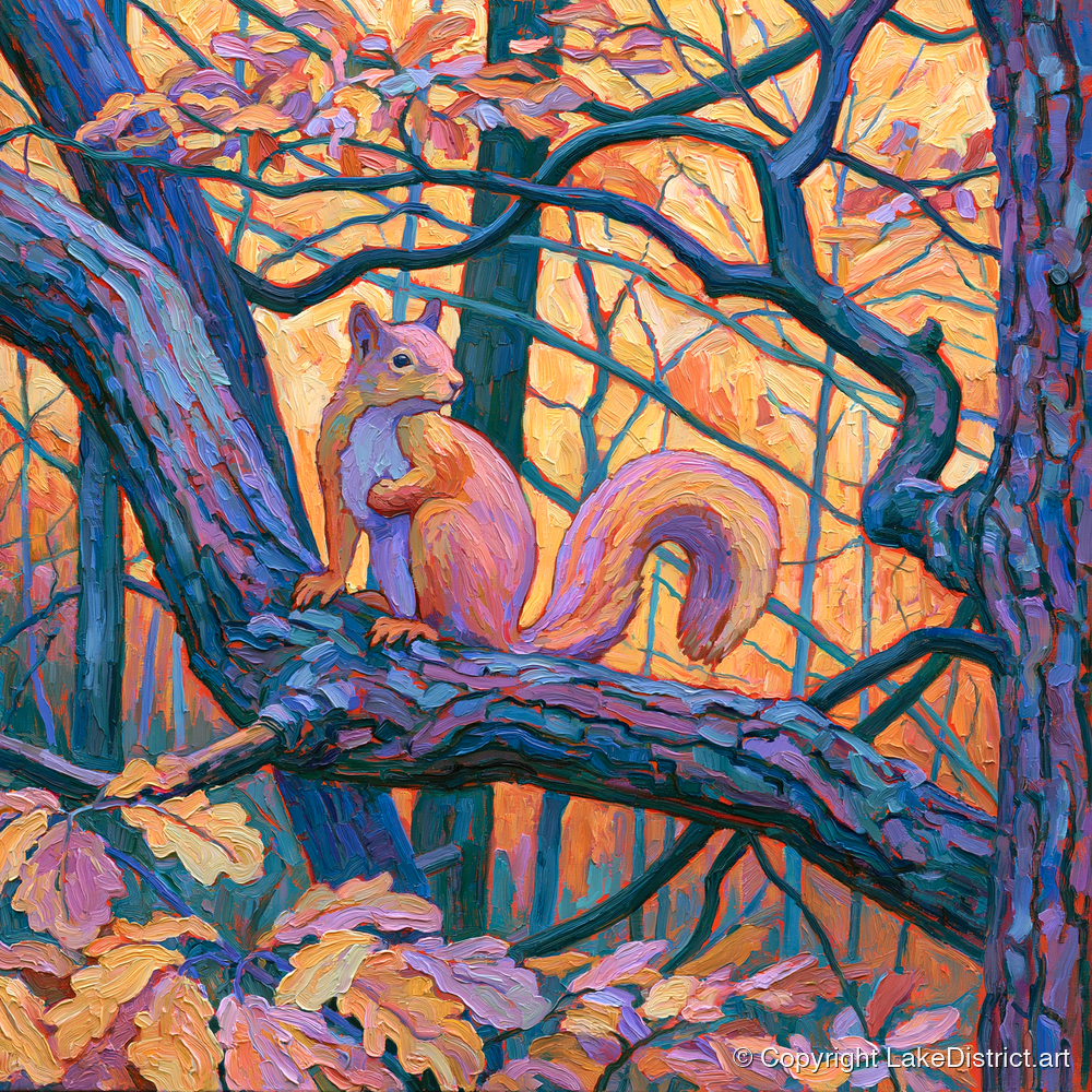 Lakeland Red Squirrel in Amber Light - lake district wildlife art print and canvas by Celia Harding A.I