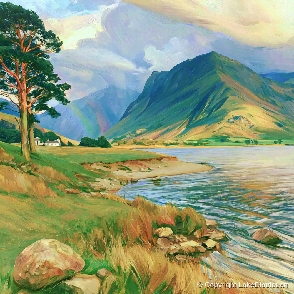 Lakeshore Rainbow After Rain - lake district sky art print and canvas by Henry Cavendish A.I