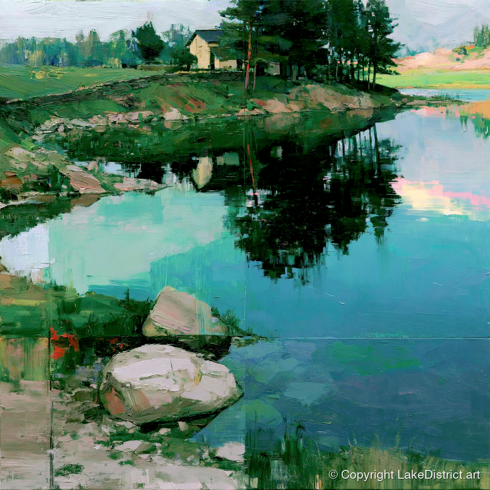 Lakeside Cottage And Turquoise Reflections - lake district lake art print and canvas by Quentin Hart A.I