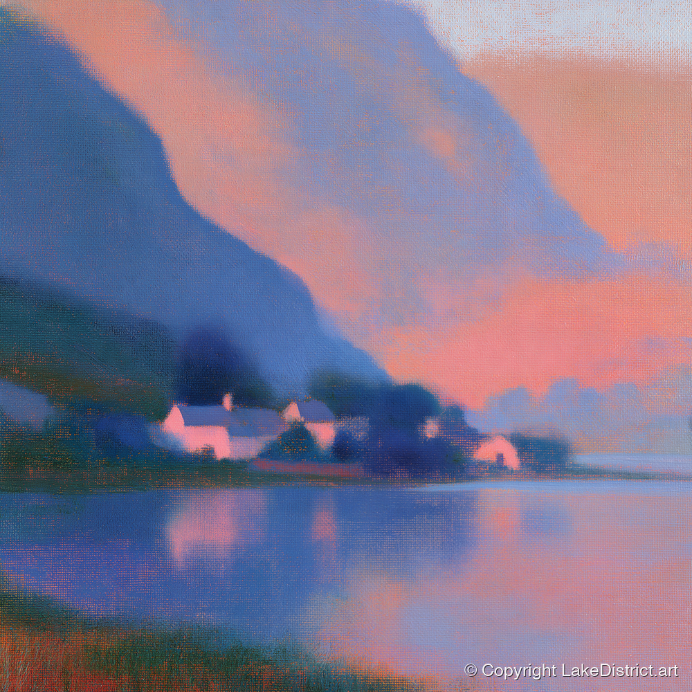Lakeside Hamlet Beneath Indigo Fells - lake district village art print and canvas by Theodore Vance A.I