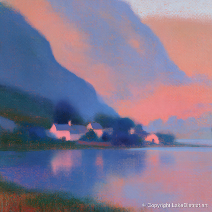 Lakeside Hamlet Beneath Indigo Fells - lake district village art print and canvas by Theodore Vance A.I