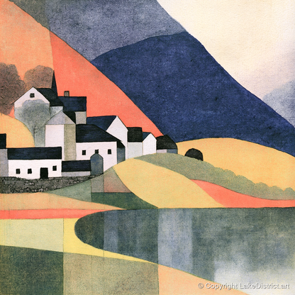 Lakeside Village and Indigo Fells - lake district village art print and canvas by Edwin Locke A.I