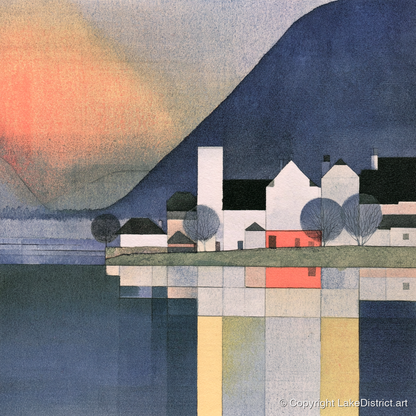 Lakeside Village Geometric Reflections - lake district village art print and canvas by Edwin Locke A.I