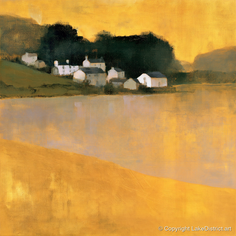 Lakeside Village in Golden Ochre - lake district village art print and canvas by Vincent Delaney A.I