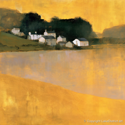 Lakeside Village in Golden Ochre - lake district village art print and canvas by Vincent Delaney A.I