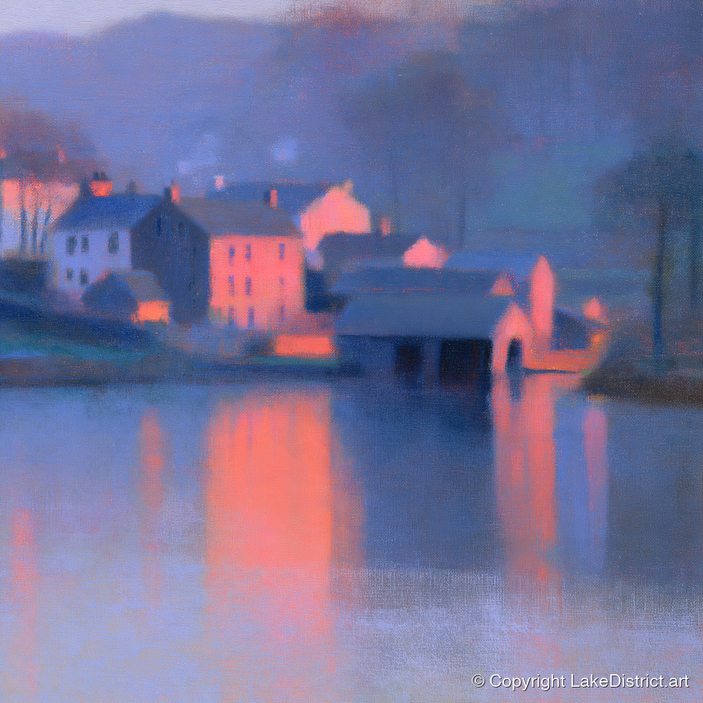 Lakeside Village in Pink Twilight - lake district village art print and canvas by Theodore Vance A.I
