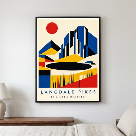 Langdale Pikes travel poster in a black frame, hanging in a bedroom3
