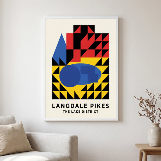 Langdale Pikes travel poster in a white frame, hanging in a living2