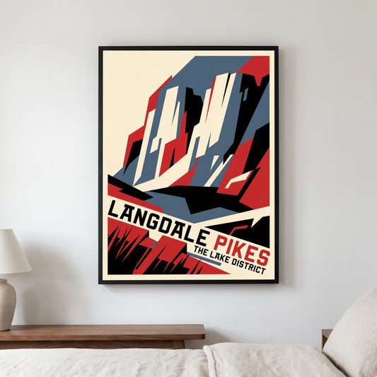 Langdale Pikes travel poster in a black frame, hanging in a bedroom3