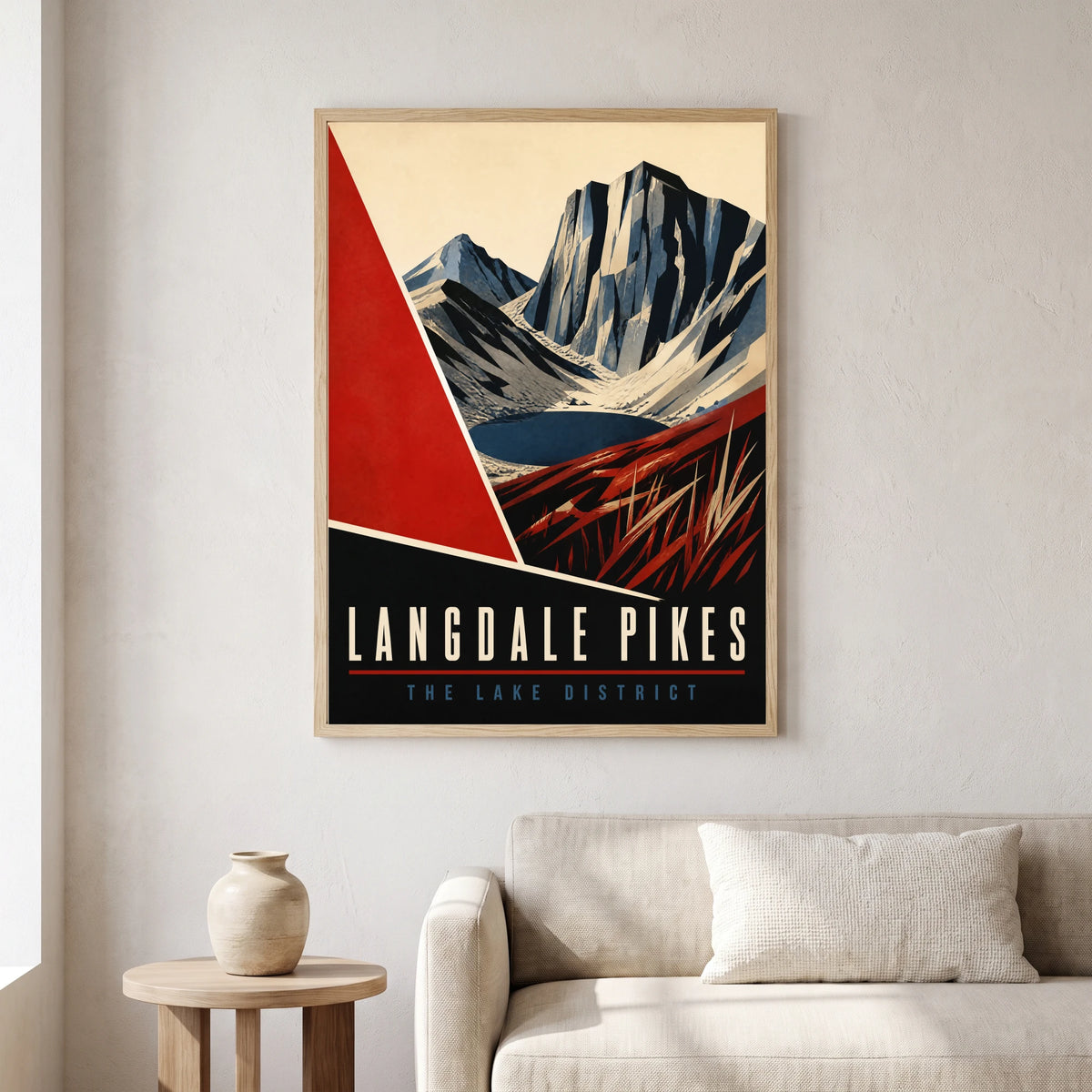 Langdale Pikes travel poster in a natural frame, hanging in a living