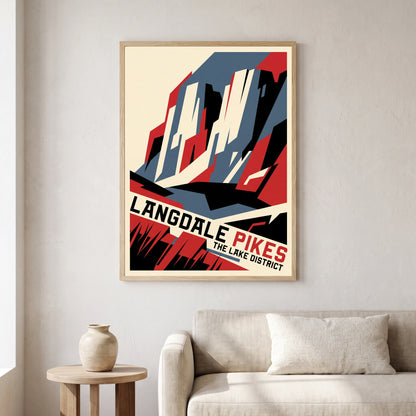 Langdale Pikes travel poster in a natural frame, hanging in a living