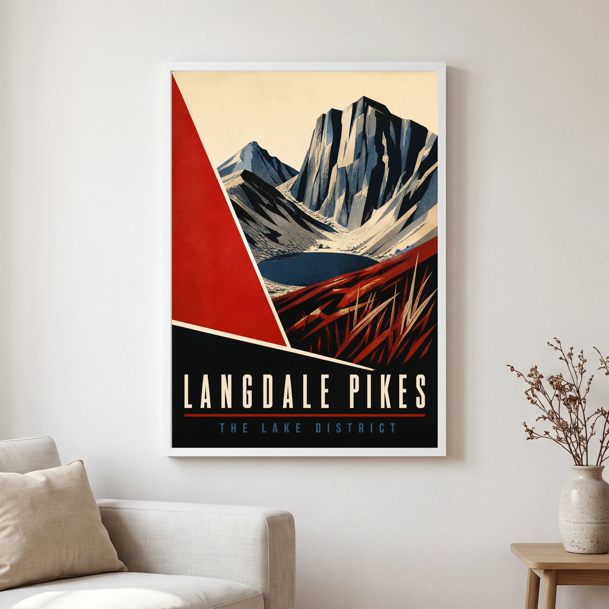 Langdale Pikes travel poster in a white frame, hanging in a living2