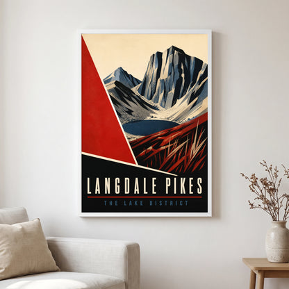Langdale Pikes travel poster in a white frame, hanging in a living2