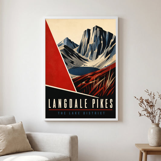 Langdale Pikes travel poster in a white frame, hanging in a living2
