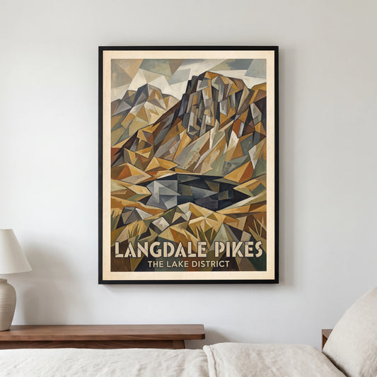 Langdale Pikes travel poster in a black frame, hanging in a bedroom3