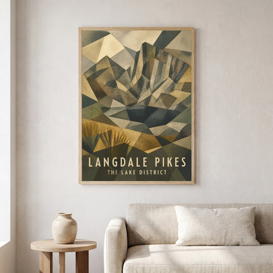 Langdale Pikes travel poster in a natural frame, hanging in a living