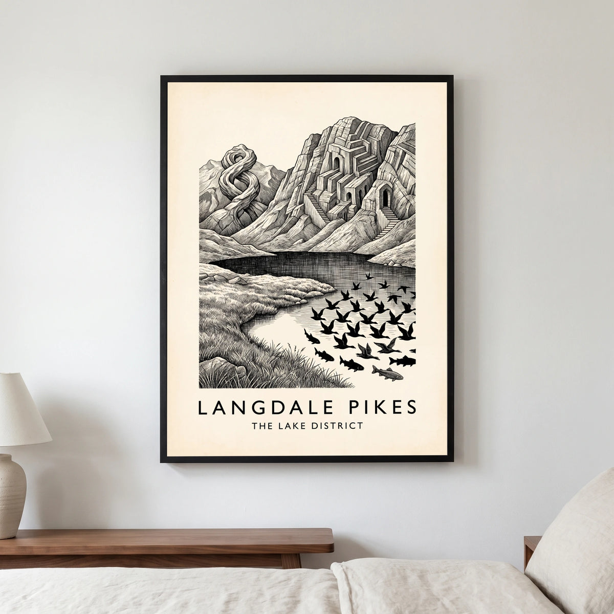 Langdale Pikes travel poster in a black frame, hanging in a bedroom3